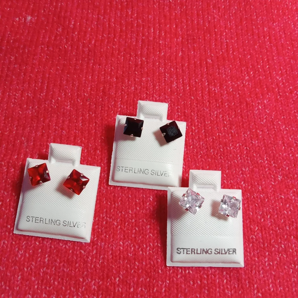 925 Sterling Silver lot of 3 Stud Earrings With Cubic‎ Zirconia Mens Womens